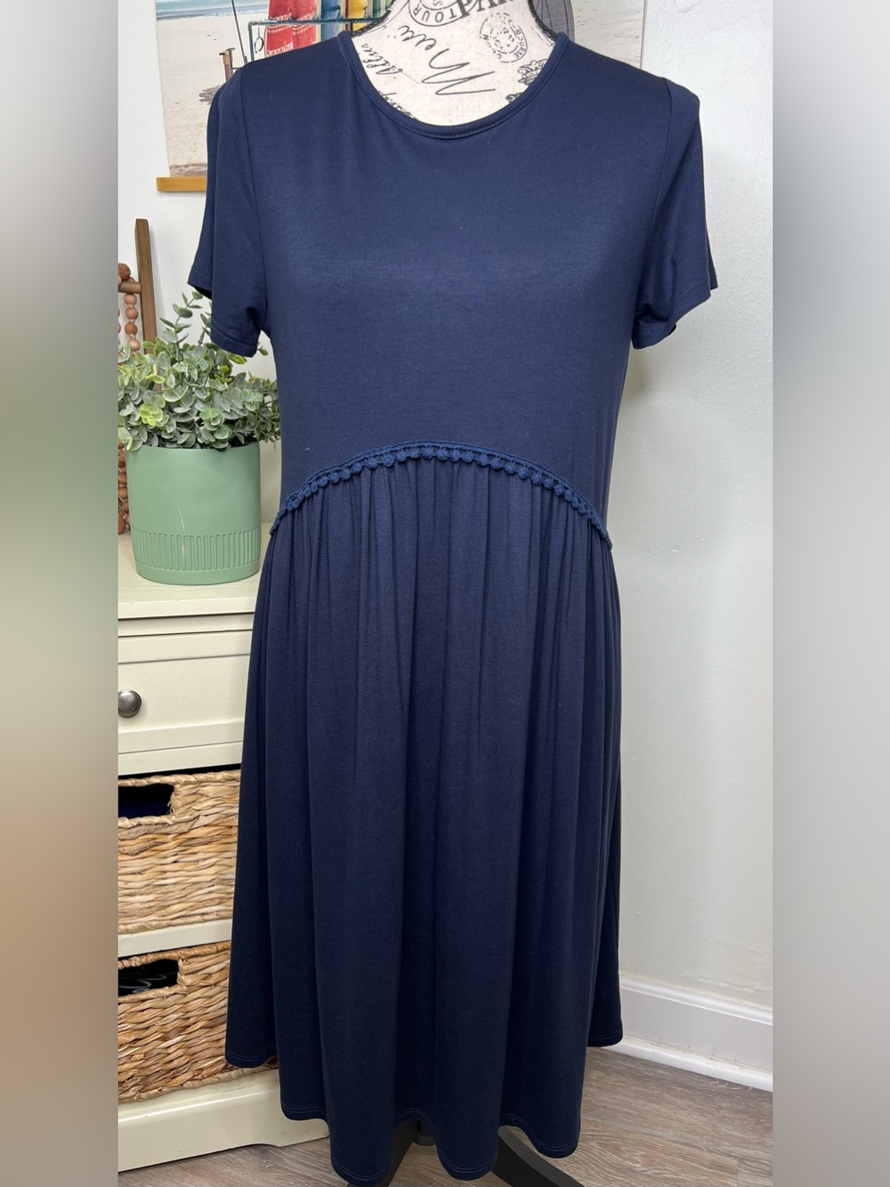 Brand New-PinkBlush Navy Solid Crochet Trim Shift Dress